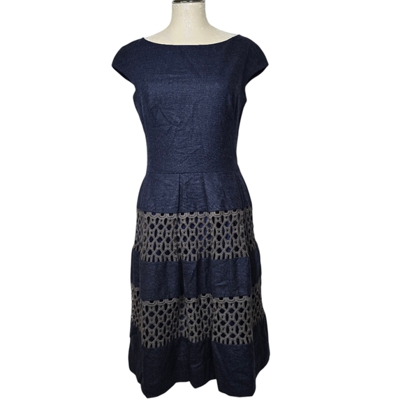Lela Rose Blue Wool Blend Silk Lined Side Zip Dress 6